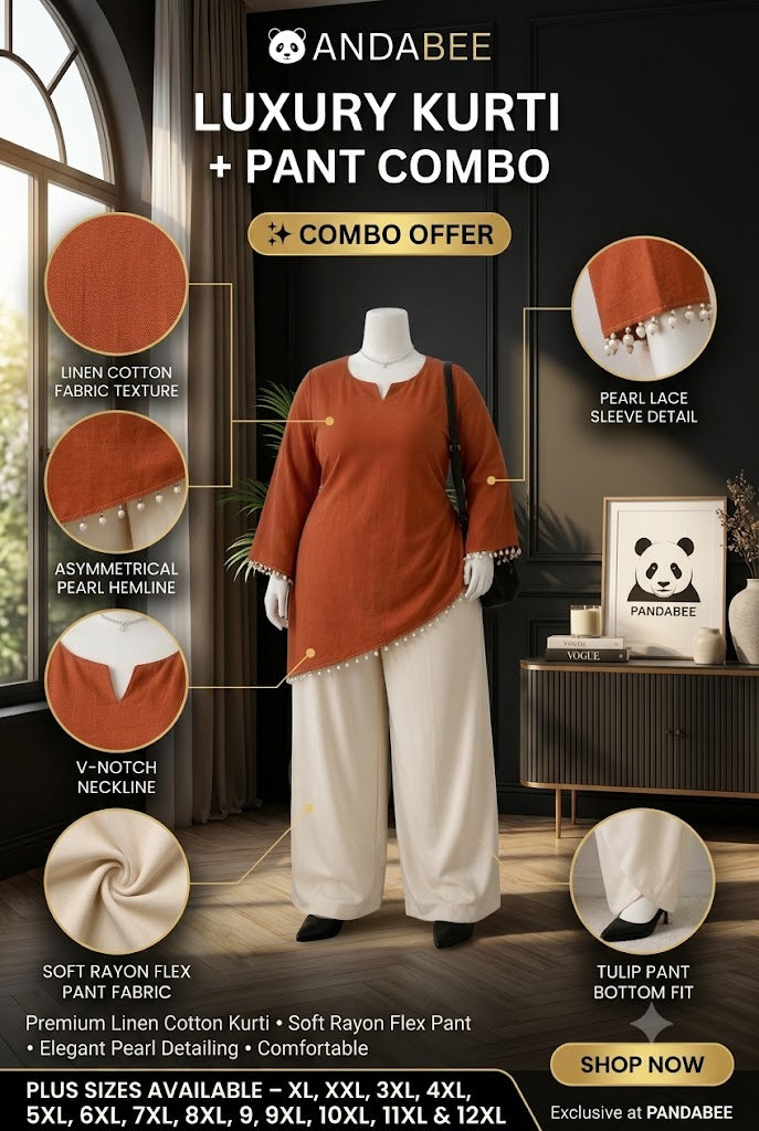 Save@300 combo (Kurti + Pants) PandaBee Premium Plus Size Designer Kurti & High-Waist Wide-Leg Office Pant Combo | Pearl Tassel Bell Sleeve Kurti with Back Lace Detail | Curvy Fit | Sizes 2XL–12XL | Rust Orange Kurti + Cream Pants