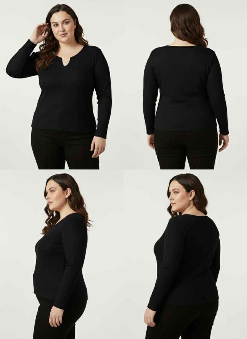 Panda Bee premium Neck V-cut Ribbed Long Sleeve Top (Black)