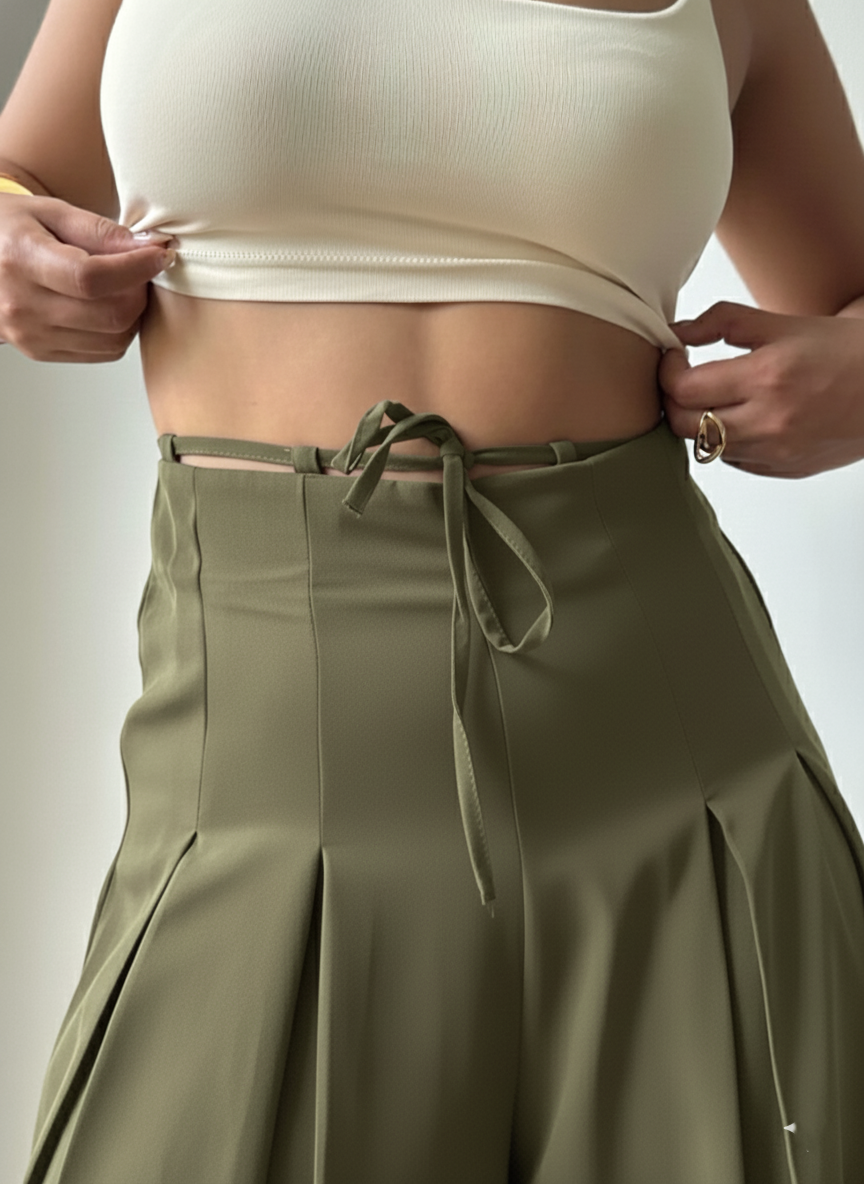 Save @300rs- Panda Bee Premium Plus Size Cinched Drawstring Wide-Leg Pants (Olive green & Wine)