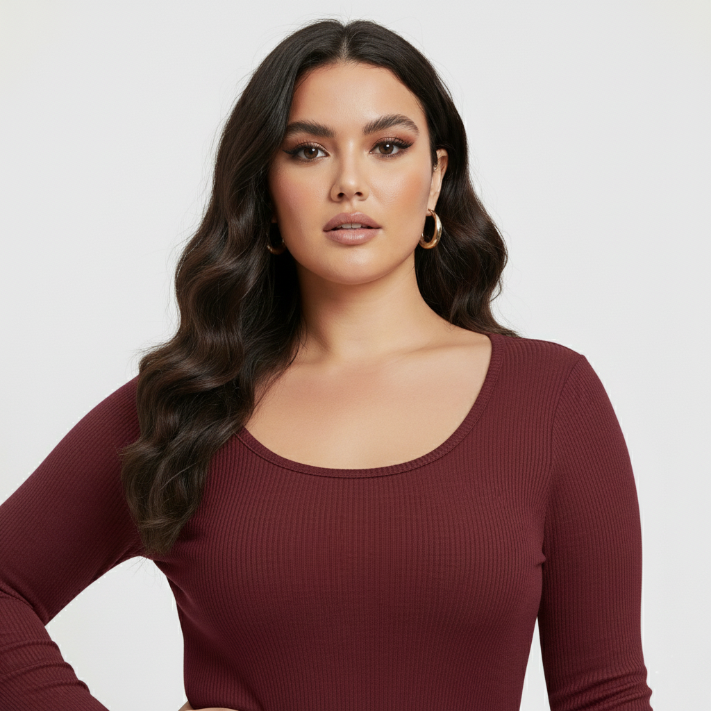Curve Luxe plus size Ribbed Scoop-Neck Long Sleeve Top – Burgundy