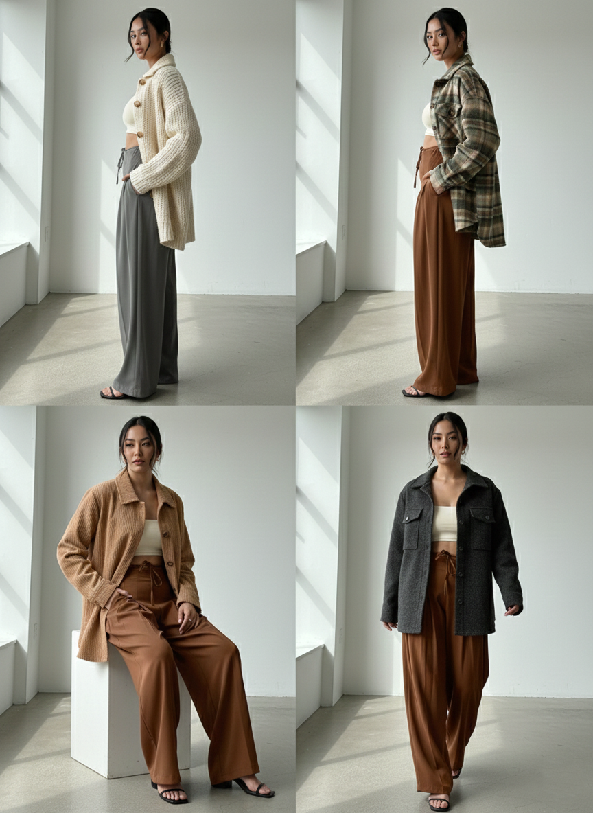 Panda Bee Premium Plus Size Cinched Drawstring Wide-Leg Pants (Coffee Brown)