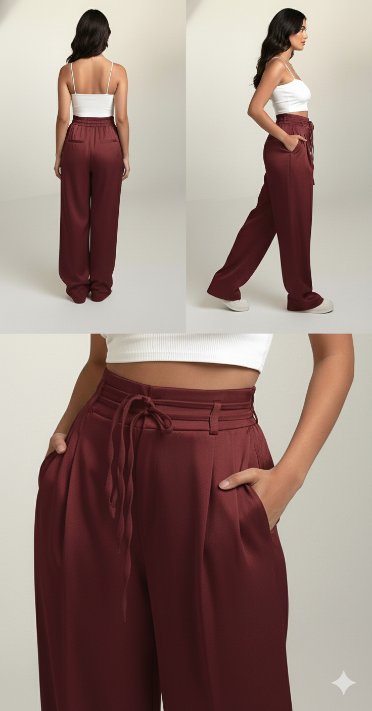 Premium Plus Size High-Waist Wide-Leg Trousers for Women (Wine) | Lace-Up Waist Relaxed Fit Pants | Curvy & Tummy Control Style