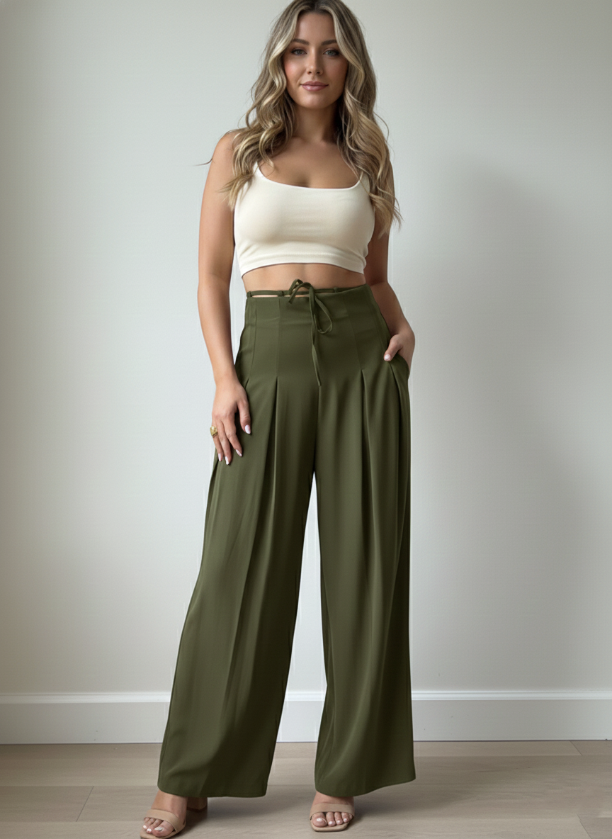 Panda Bee Premium Plus Size Cinched Drawstring Wide-Leg Pants (Olive Green)