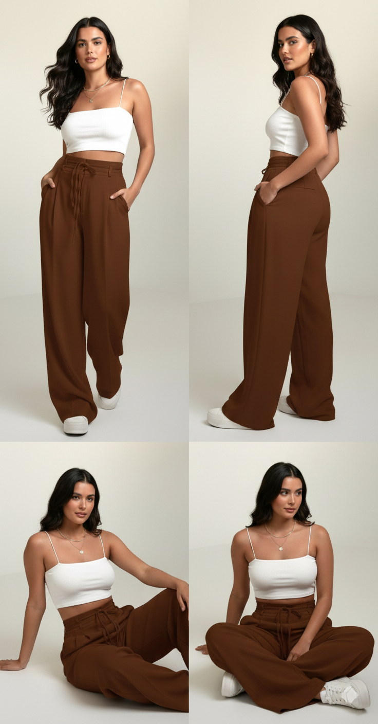 Premium Plus Size High-Waist Wide-Leg Trousers for Women (Coffee brown) | Lace-Up Waist Relaxed Fit Pants | Curvy & Tummy Control Style