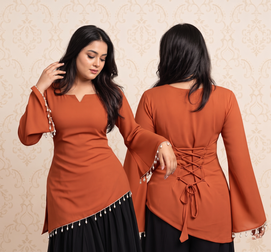 Premium Plus Size Pink Designer Kurti for Women | Pearl Tassel Bell Sleeve Kurti | Back Lace Detail Tunic Top | Stylish Party Wear Kurti for Curvy Women | 2XL-8XL | PandaBee (Rust orange -- kesariya)