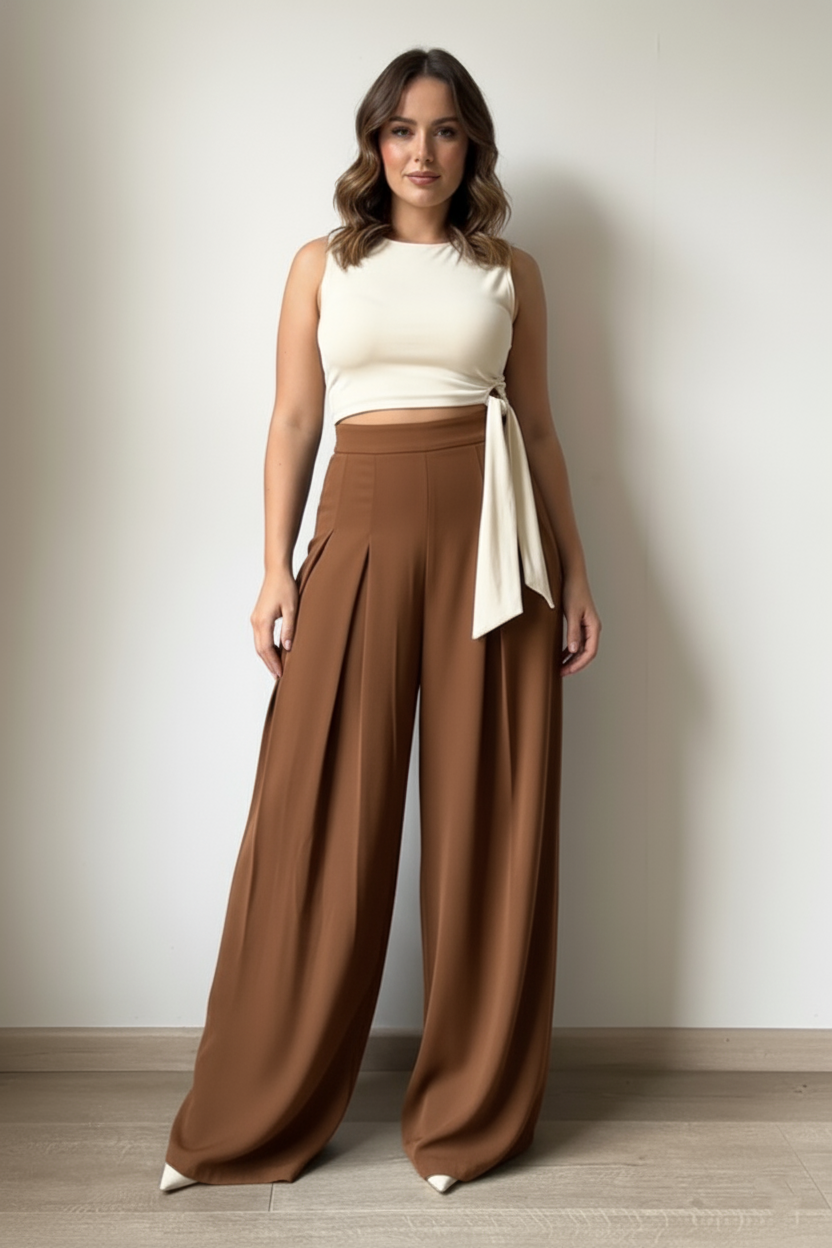 Save @300rs- Panda Bee Premium Plus Size Cinched Drawstring Wide-Leg Pants (Black and Coffee brown)