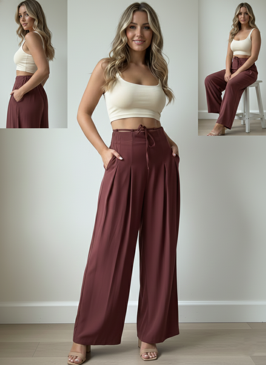 Panda Bee Premium Plus Size Cinched Drawstring Wide-Leg Pants (Wine colour)