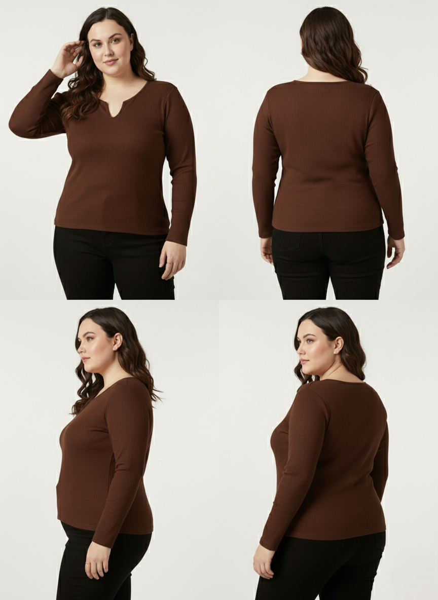Panda Bee premium Neck V-cut Ribbed Long Sleeve Top (Brown)