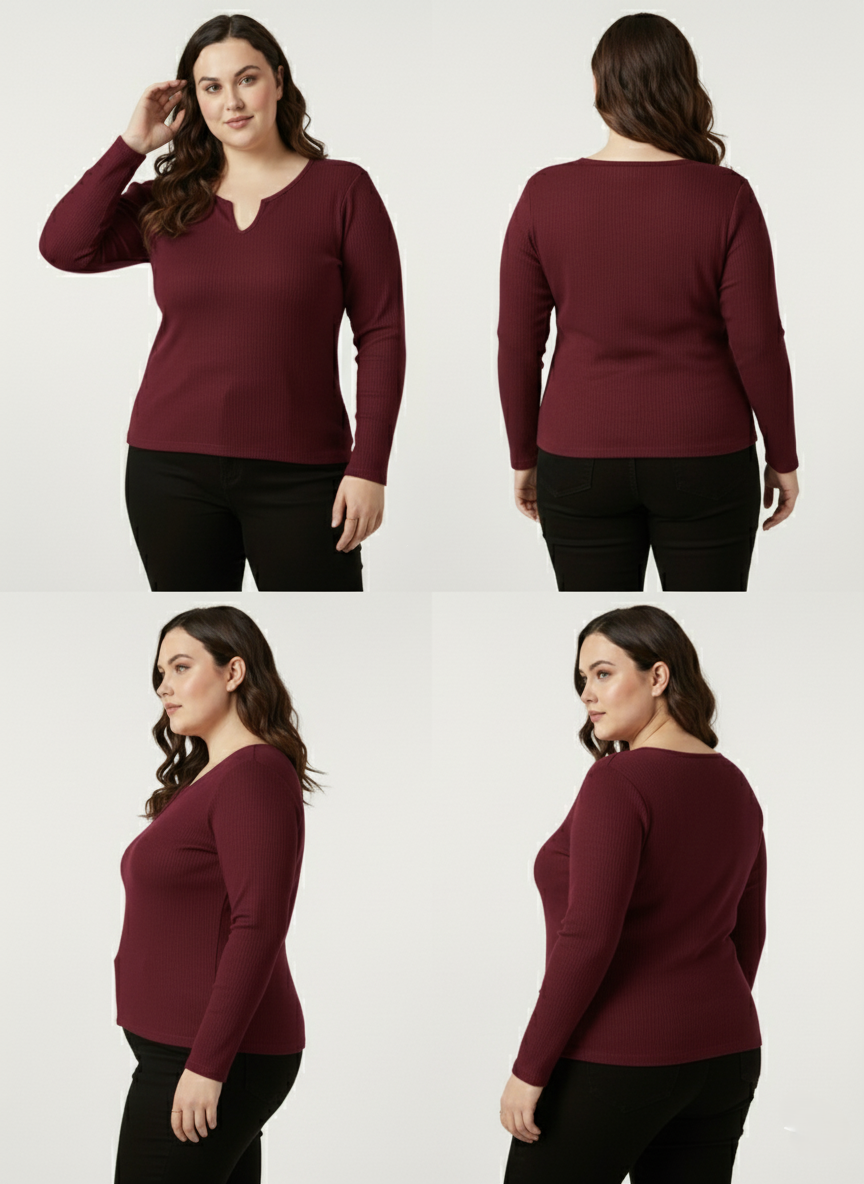 Panda Bee Premium Neck V-cut Ribbed Long Sleeve Top (Burgundy)