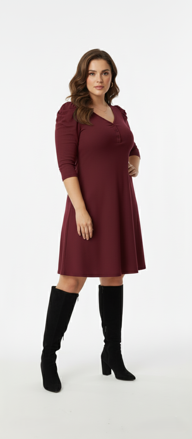 Plus Size Ribbed Full-Sleeve Dress (Burgundy) – Panda bee Premium Collection