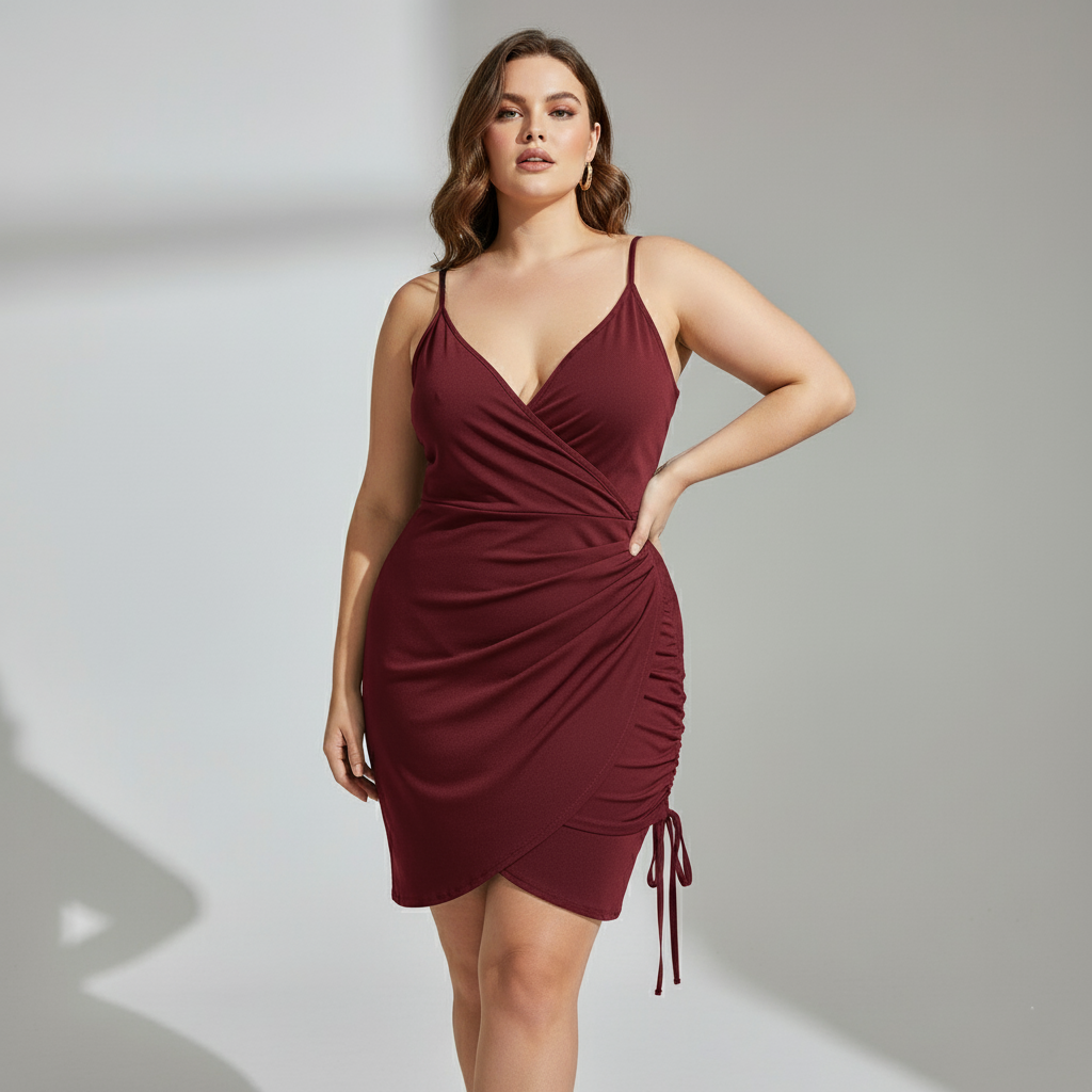 Plus Size Ruched Wrap Bodycon Dress – Premium Stretch Fit Party Wear (Burgundy )