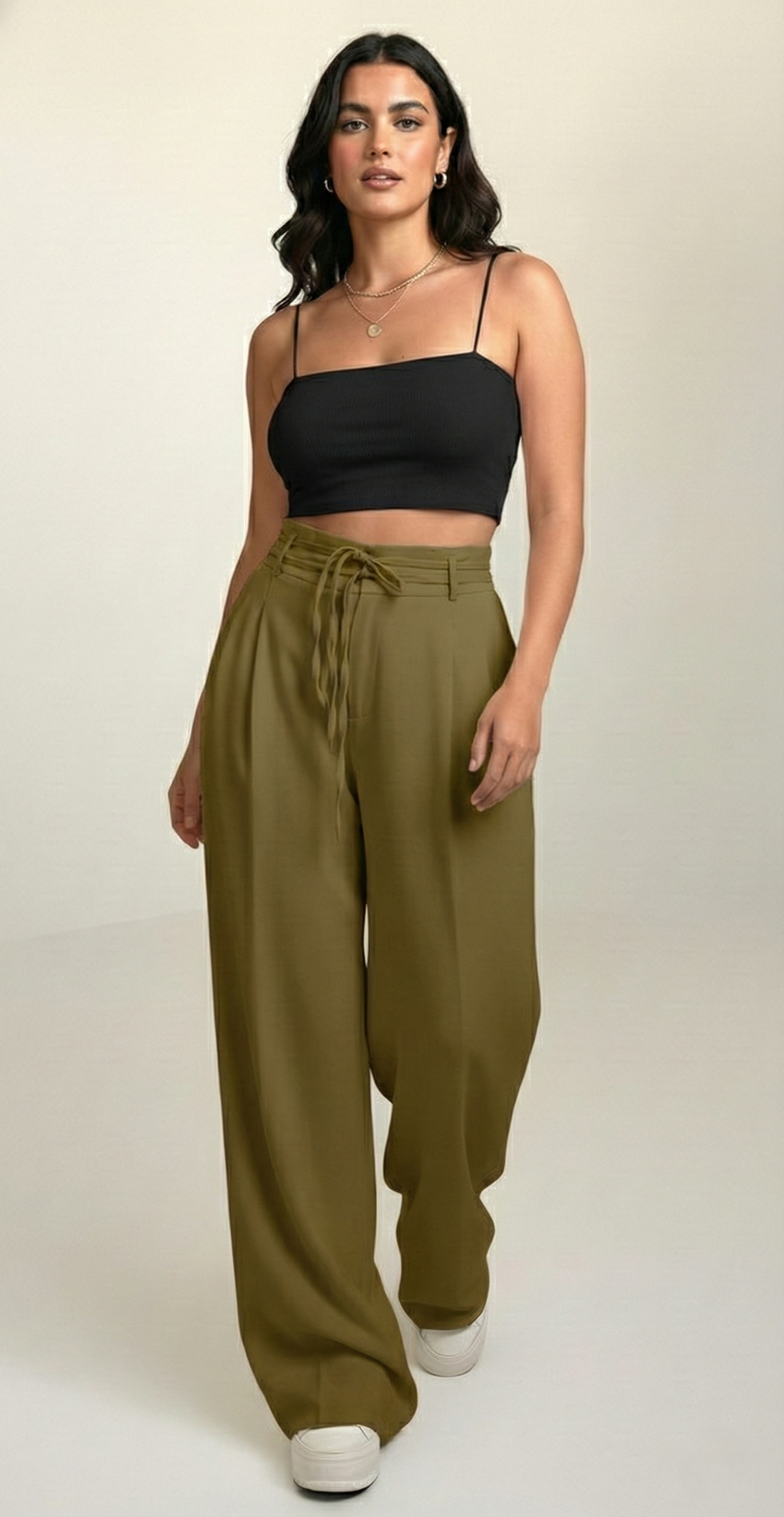 Premium Plus Size High-Waist Wide-Leg Trousers for Women (Mouse colour) | Lace-Up Waist Relaxed Fit Pants | Curvy & Tummy Control Style