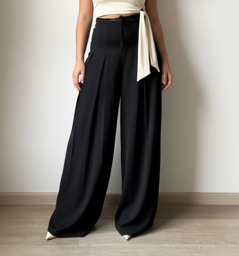 Panda Bee Premium Plus Size Cinched Drawstring Wide-Leg Pants (Black)