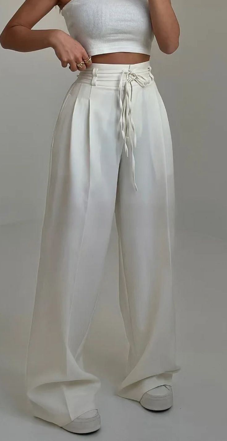 Premium Plus Size High-Waist Wide-Leg Trousers for Women (White) | Lace-Up Waist Relaxed Fit Pants | Curvy & Tummy Control Style