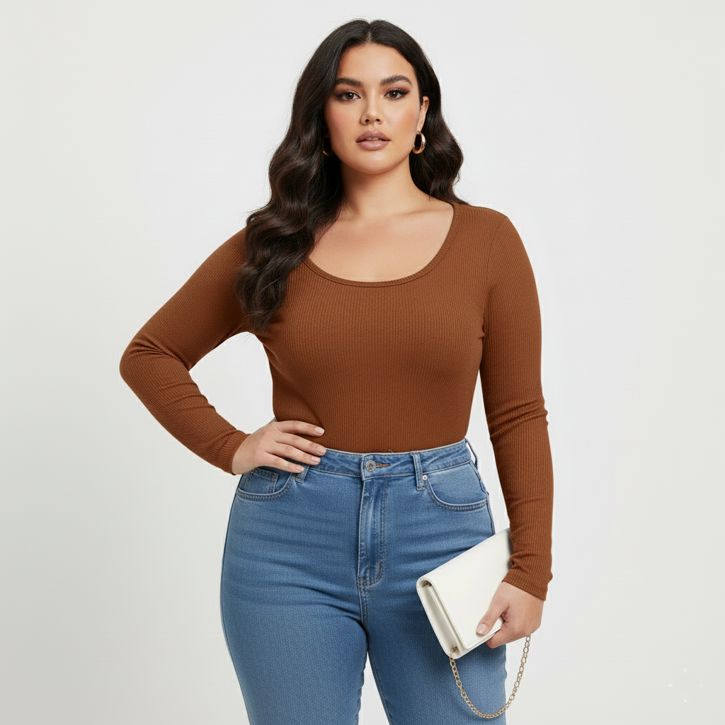Curve Luxe plus size  Ribbed Scoop-Neck Long Sleeve Top – Brown