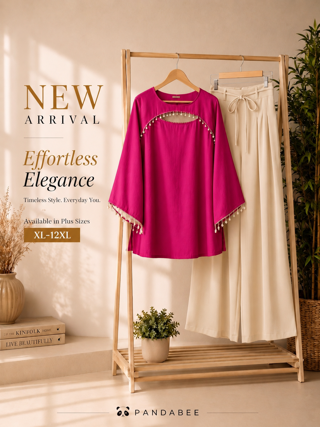 Save@300 combo Panda Bee Premium Plus Size Kurti & Wide-Leg Pants Co-Ord Set for Women | Pearl Work Ethnic Kurta with Cinched Drawstring Palazzo Pants | Plus Size 2XL-12XL | Premium Office, Casual & Festive Wear (Pink -- gulabo kurti + Cream colour pant)
