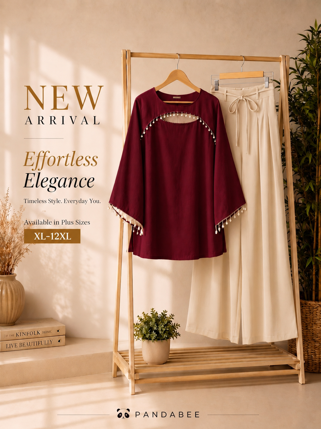 Save@300 comb Panda Bee Premium Plus Size Kurti & Wide-Leg Pants Co-Ord Set for Women | Pearl Work Ethnic Kurta with Cinched Drawstring Palazzo Pants | Plus Size 2XL-12XL | Premium Office, Casual ( Maroon -- Raktima kurti+ Cream colour pant)
