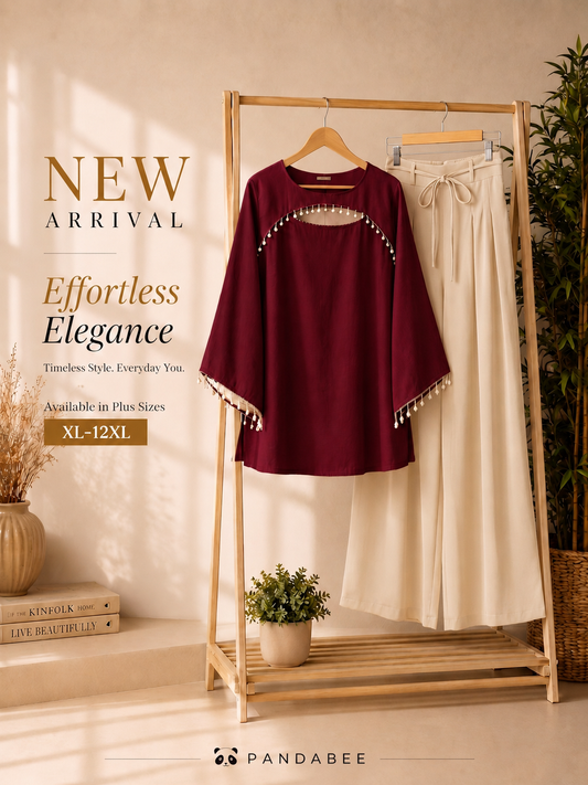 Save@300 comb Panda Bee Premium Plus Size Kurti & Wide-Leg Pants Co-Ord Set for Women | Pearl Work Ethnic Kurta with Cinched Drawstring Palazzo Pants | Plus Size 2XL-12XL | Premium Office, Casual ( Maroon -- Raktima kurti+ Cream colour pant)