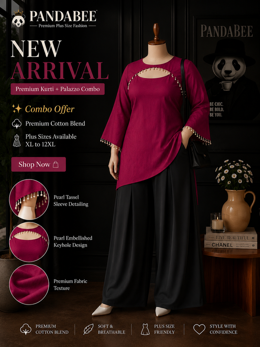 Save@300 comb Panda Bee Premium Plus Size Kurti & Wide-Leg Pants Co-Ord Set for Women | Pearl Work Ethnic Kurta with Cinched Drawstring Palazzo Pants | Plus Size 2XL-12XL | Premium Office, Casual ( Maroon -- Raktima + Black colour pant)