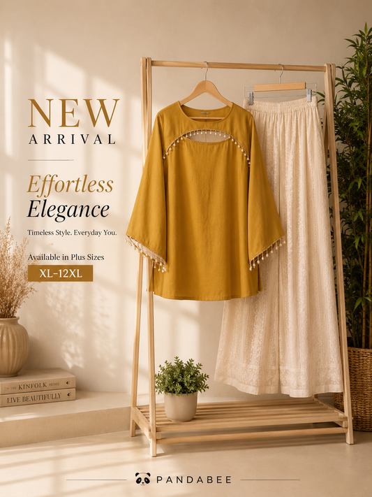 Save@300 comb Panda Bee Premium Plus Size Kurti & Wide-Leg Pants Co-Ord Set for Women | Pearl Work Ethnic Kurta with Cinched Drawstring Palazzo Pants | Plus Size 2XL-12XL | Premium Office, Casual (Yellow -- amber aura kurti + Cream colour pant)