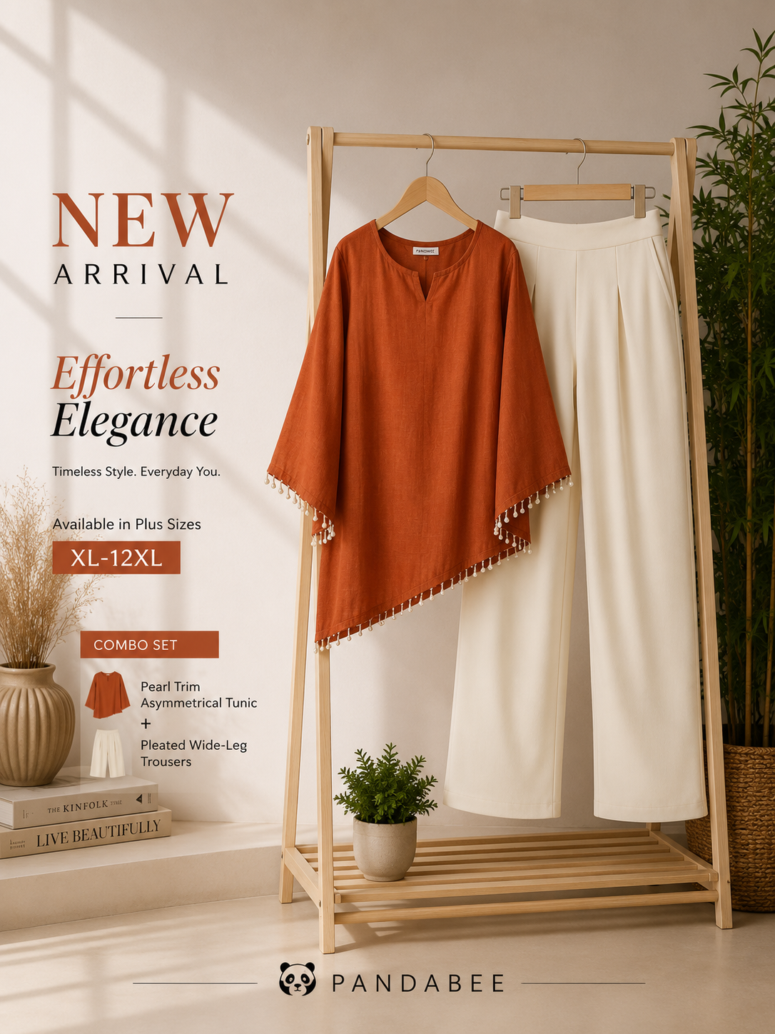 Save@300 combo (Kurti + Pants) PandaBee Premium Plus Size Designer Kurti & High-Waist Wide-Leg Office Pant Combo | Pearl Tassel Bell Sleeve Kurti with Back Lace Detail | Curvy Fit | Sizes 2XL–12XL | Rust Orange Kurti + Cream Pants