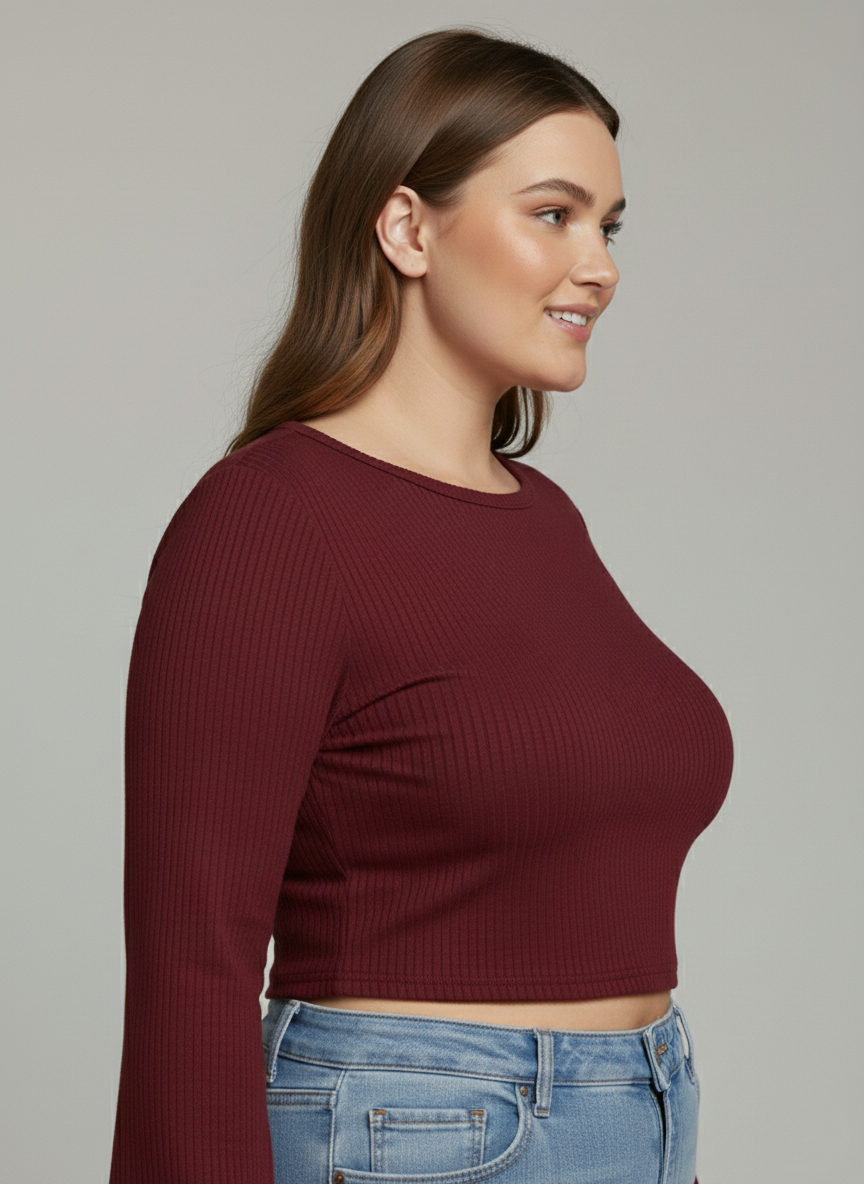 Premium Plus-Size Flared Sleeve Crop Top, Elegant Stretch Comfort Wear – Burgundy