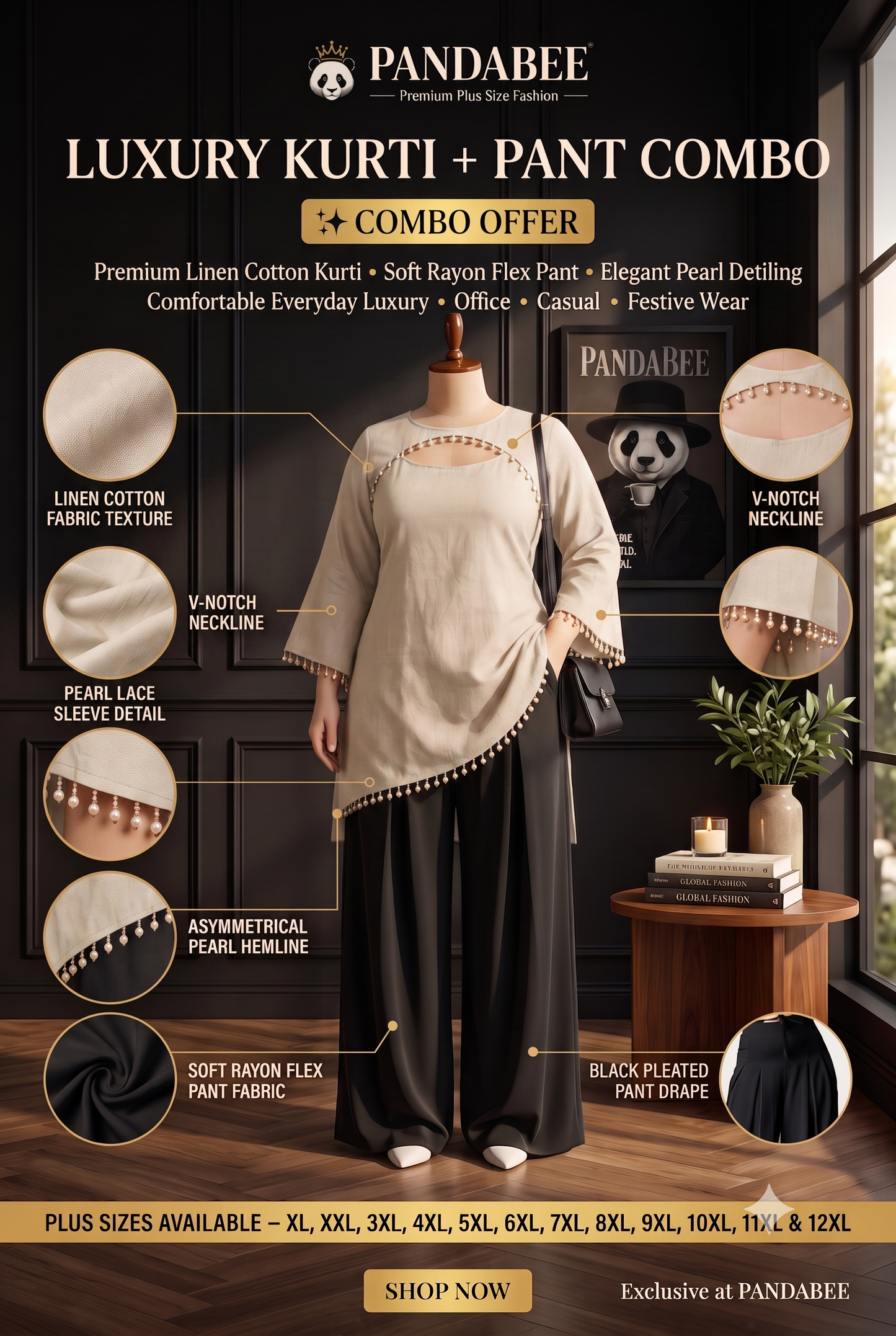 Save@300 comb Panda Bee Premium Plus Size Kurti & Wide-Leg Pants Co-Ord Set for Women | Pearl Work Ethnic Kurta with Cinched Drawstring Palazzo Pants | Plus Size 2XL-12XL | Premium Office, Casual ( Off white -- Ivory charm  + Black colour pant)