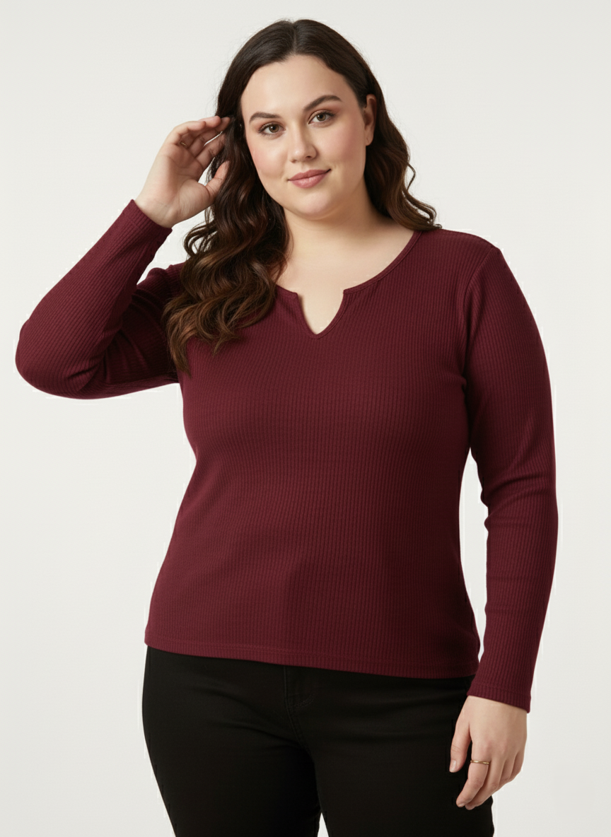 Panda Bee  Premium Neck V-cut Ribbed Long Sleeve Top (Burgundy)