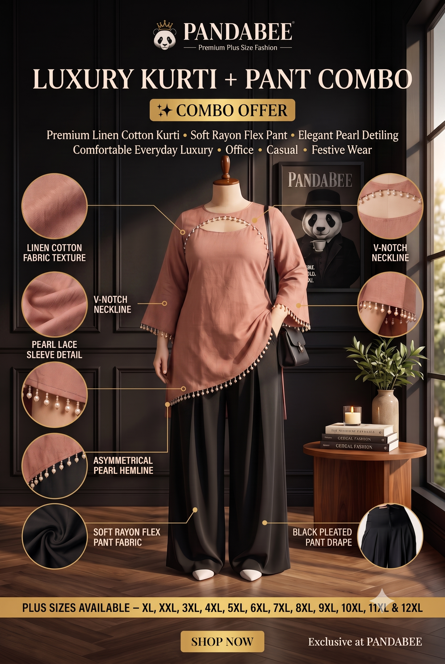 Save@300 comb Panda Bee Premium Plus Size Kurti & Wide-Leg Pants Co-Ord Set for Women | Pearl Work Ethnic Kurta with Cinched Drawstring Palazzo Pants | Plus Size 2XL-12XL | Premium Office, Casual ( Nude pink -- Blush beauty kurti + Black colour pant)