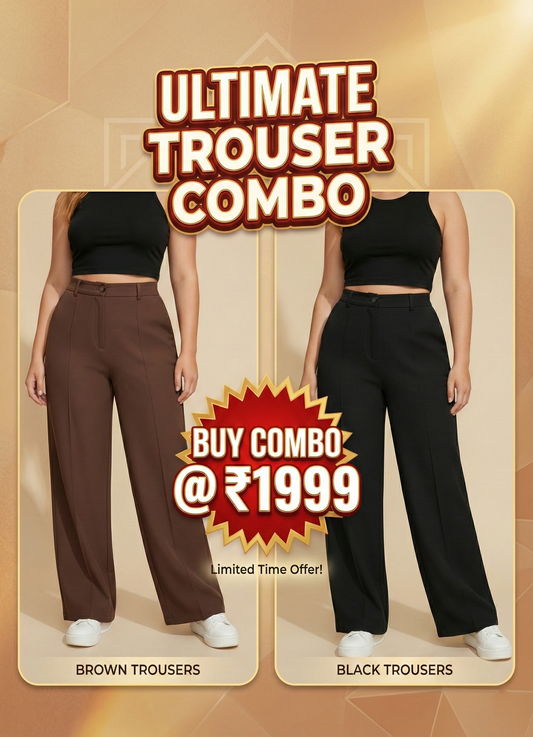 Save @200rs- Panda Bee Premium Combo Plicated Hem Comfortable formal Pants (Coffee Brown & Black )
