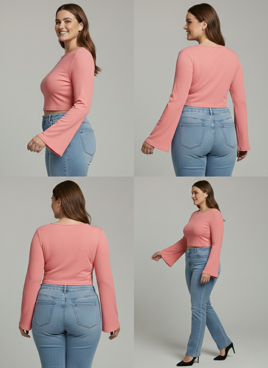 Premium Plus-Size Flared Sleeve Crop Top, Elegant Stretch Comfort Wear – Pink