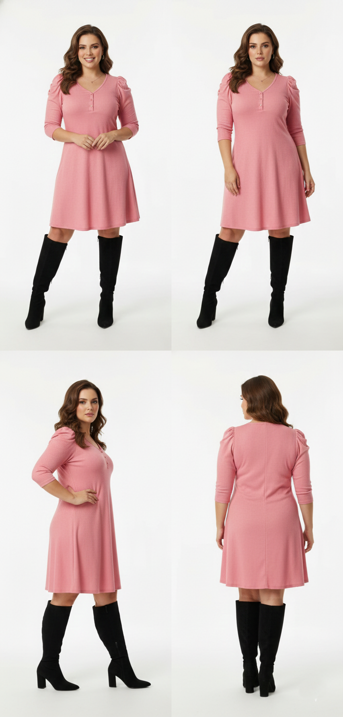 Plus Size Ribbed Full-Sleeve Dress (Pink) – Panda bee Premium Collection