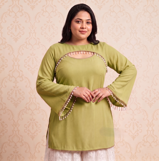 Panda Bee Premium Plus Size 2-in-1 Fashion Kurti for Women | Elegant Pearl Work Kurta Top | Stylish Ethnic Wear 2XL to 8XL (Avocado green -- mehfil green)