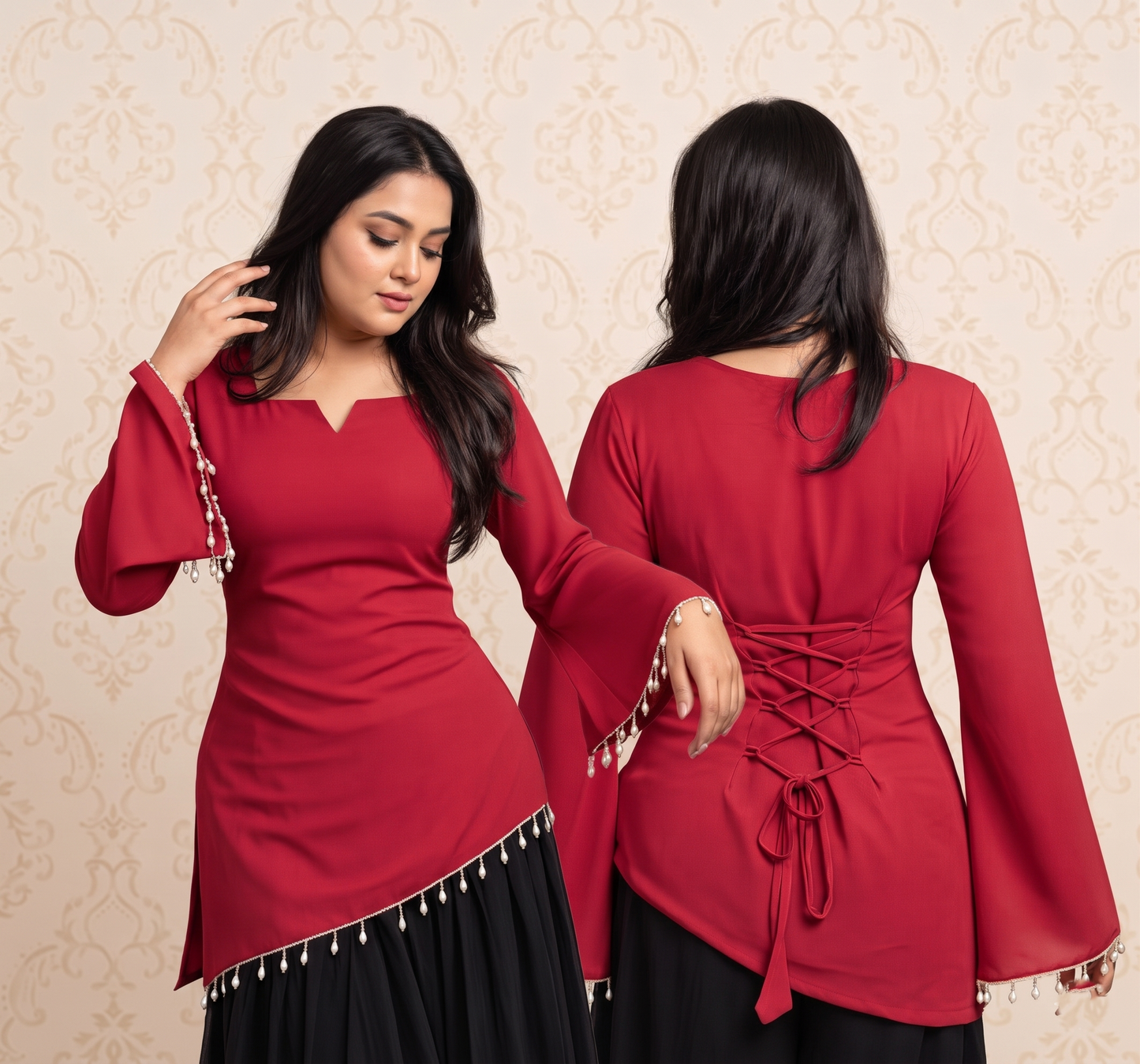Premium Plus Size Pink Designer Kurti for Women | Pearl Tassel Bell Sleeve Kurti | Back Lace Detail Tunic Top | Stylish Party Wear Kurti for Curvy Women | 2XL-8XL | PandaBee (Red -- gulnaar)