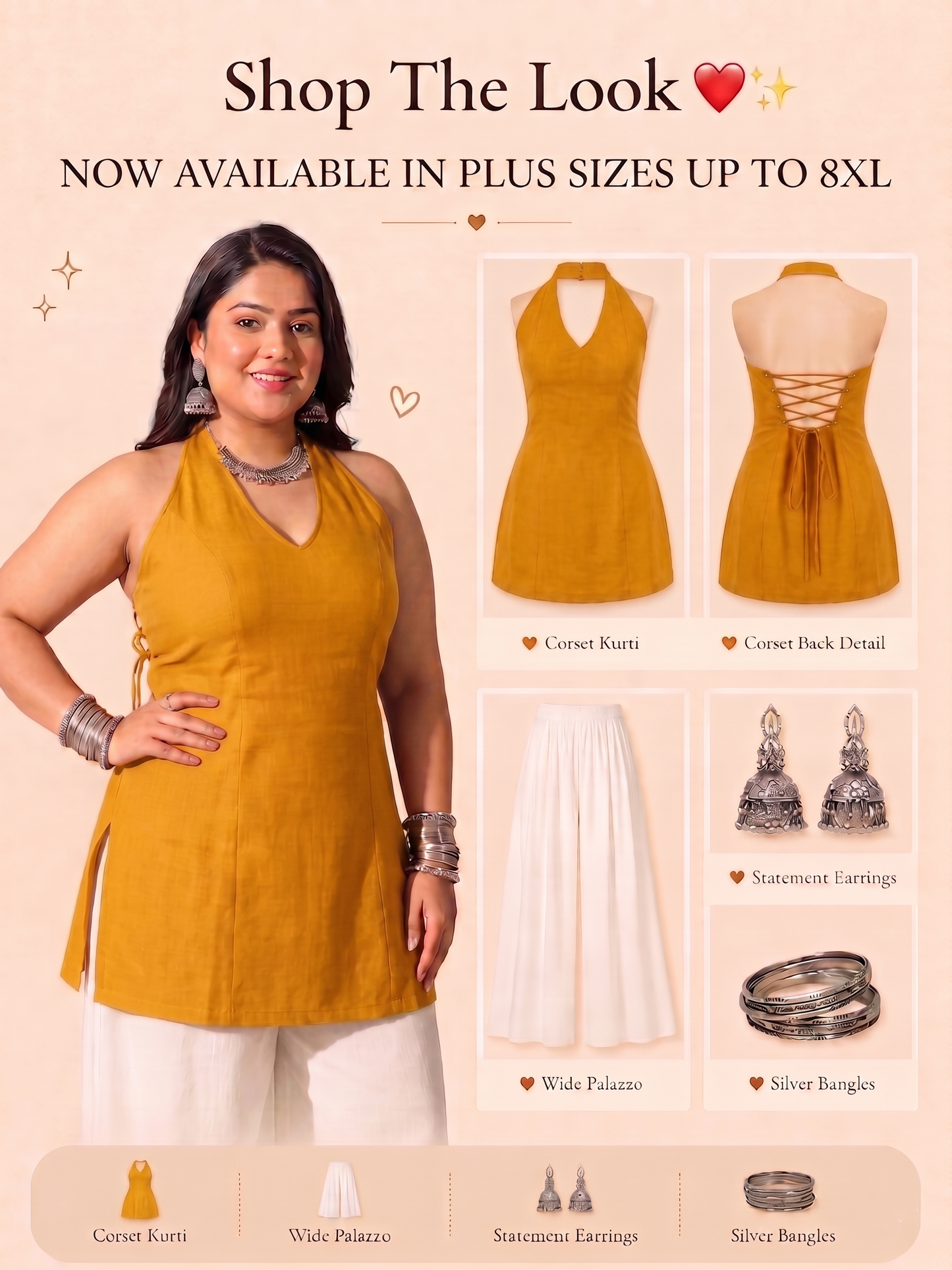 Pandabee Plus Size Halter Neck Corset Kurti for Women | Sleeveless A-Line Kurti | Sizes 2XL to 8XL (Yellow -- amber aura)