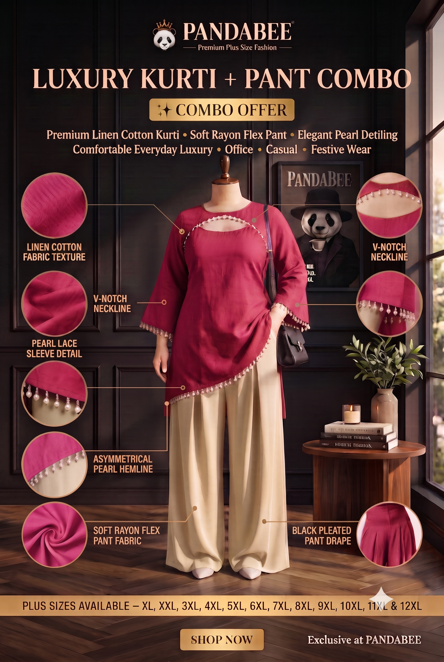 Save@300 combo Panda Bee Premium Plus Size Kurti & Wide-Leg Pants Co-Ord Set for Women | Pearl Work Ethnic Kurta with Cinched Drawstring Palazzo Pants | Plus Size 2XL-12XL | Premium Office, Casual & Festive Wear (Pink -- gulabo kurti + Cream colour pant)