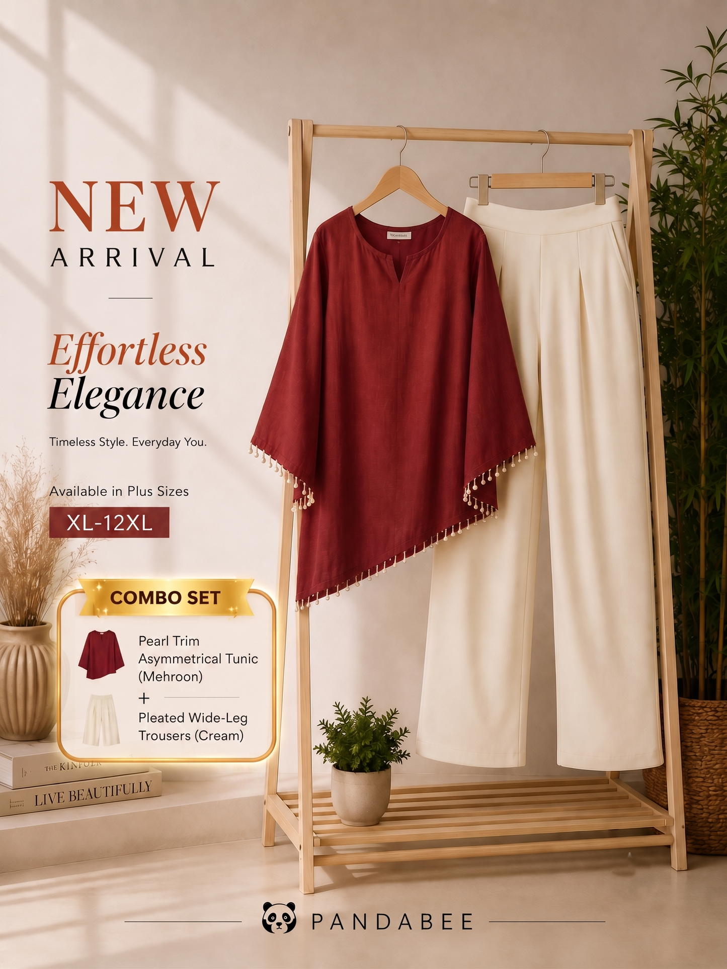 Save@300 (Kurti + Pants) PandaBee Premium Plus Size Designer Kurti & SIDE ZIP High-Waist Wide-Leg Office Pant Combo | Pearl Tassel Bell Sleeve Kurti with Back Lace Detail | Curvy Fit | Sizes 2XL–12XL | (Maroon -- Raktima) Kurti + Cream Pants
