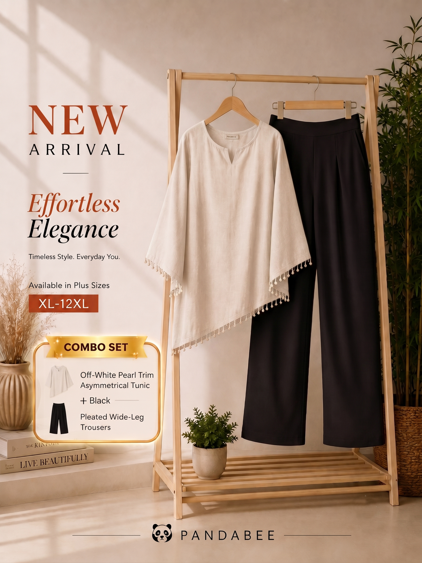 Save@300 combo (Kurti + Pants) PandaBee Premium Plus Size Designer Kurti & SIDE ZIP High-Waist Wide-Leg Office Pant Combo | Pearl Tassel Bell Sleeve Kurti with Lace Detail | Curvy Fit | Sizes 2XL–12XL | Cream Kurti + Black pant