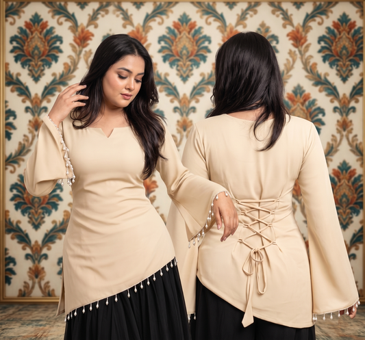 Premium Plus Size Pink Designer Kurti for Women | Pearl Tassel Bell Sleeve Kurti | Back Lace Detail Tunic Top | Stylish Party Wear Kurti for Curvy Women | 2XL-8XL | PandaBee (Cream)