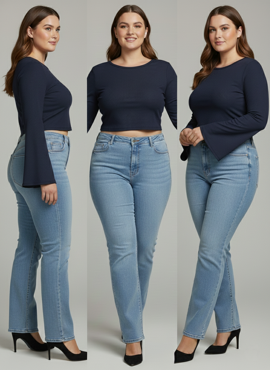 Premium Plus-Size Flared Sleeve Crop Top, Elegant Stretch Comfort Wear – Navy Blue