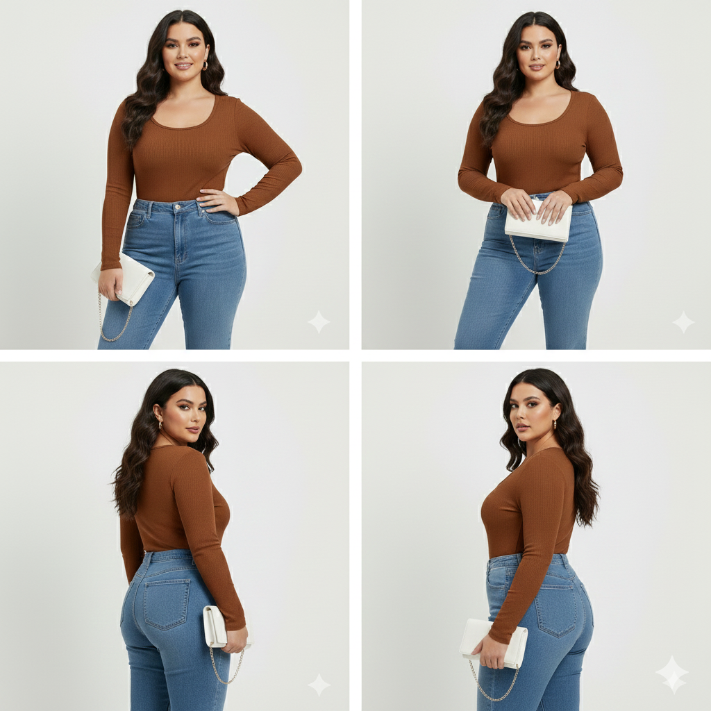 Curve Luxe plus size  Ribbed Scoop-Neck Long Sleeve Top – Brown