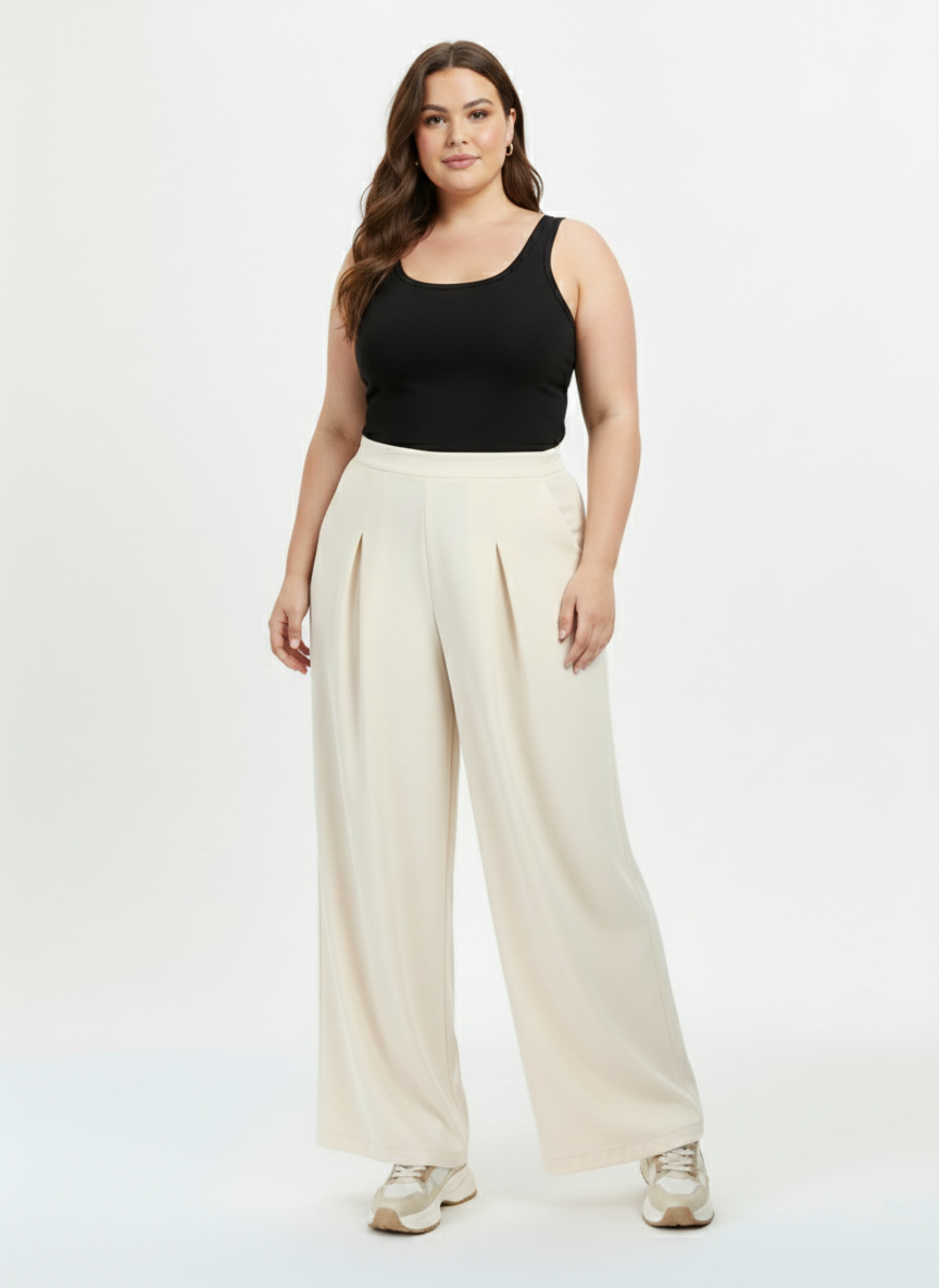 Panda Bee Premium Plus Size High-Waist Pleated Wide-Leg Office Pants with Side Zip (Cream)