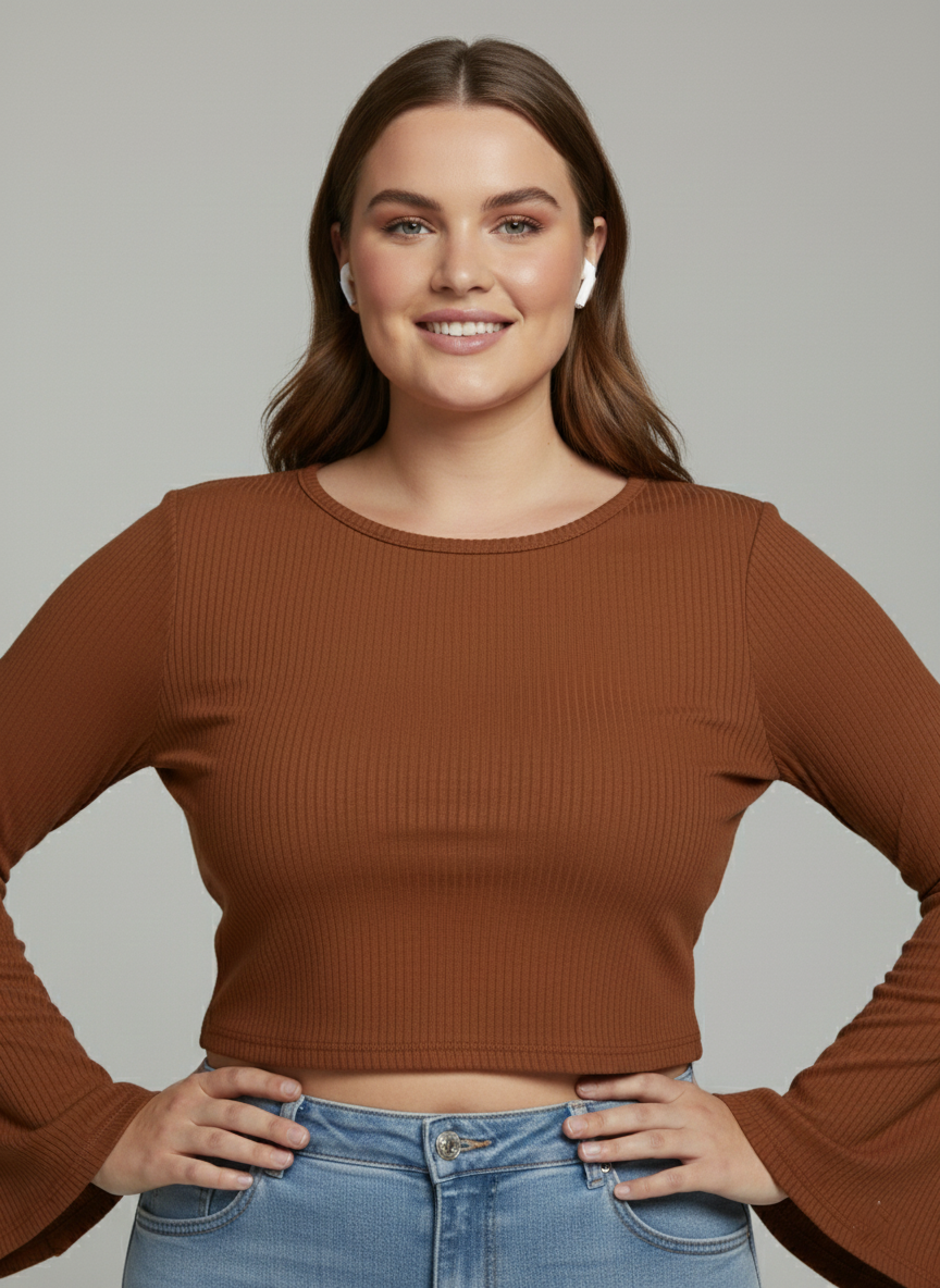 Premium Plus-Size Flared Sleeve Crop Top, Elegant Stretch Comfort Wear – Coffee brown