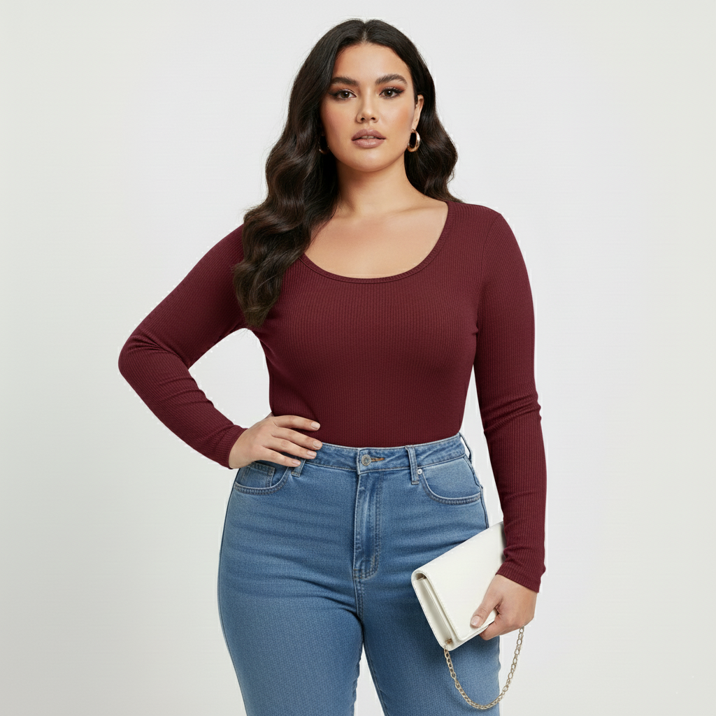 Curve Luxe plus size  Ribbed Scoop-Neck Long Sleeve Top – Burgundy