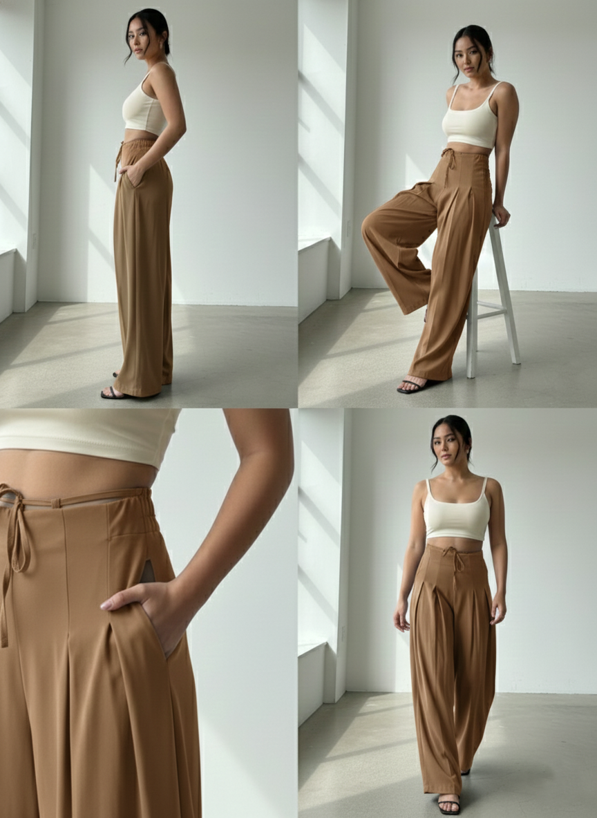 Panda Bee Premium Plus Size Cinched Drawstring Wide-Leg Pants (Mouse colour)