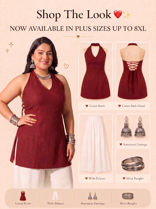 Pandabee Plus Size Halter Neck Corset Kurti for Women | Sleeveless A-Line Kurti | Sizes 2XL to 8XL (Maroon -- Raktima)