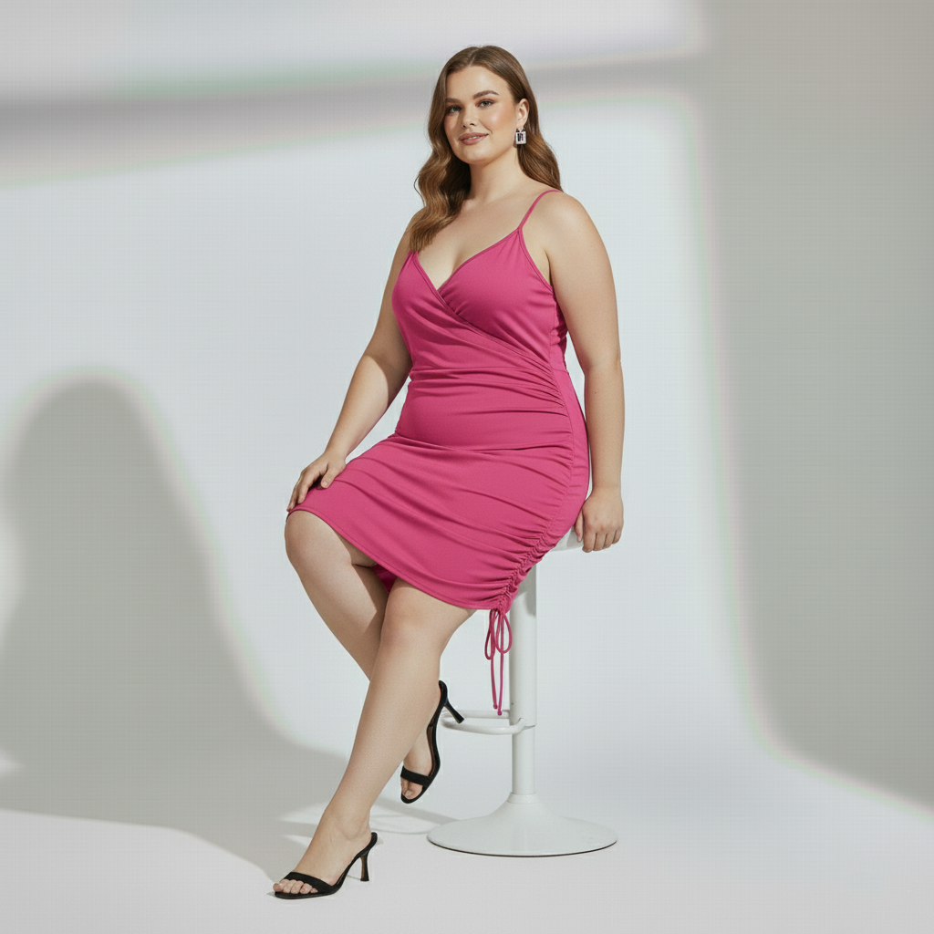 Plus Size Ruched Wrap Bodycon Dress – Premium Stretch Fit Party Wear (Pink)
