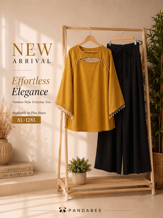 Save@300 comb Panda Bee Premium Plus Size Kurti & Wide-Leg Pants Co-Ord Set for Women | Pearl Work Ethnic Kurta with Cinched Drawstring Palazzo Pants | Plus Size 2XL-12XL (Yellow -- amber aura kurti + Black colour pant)