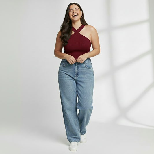 Premium Plus-Size Cross Halter Ribbed Top – Wine Burgundy
