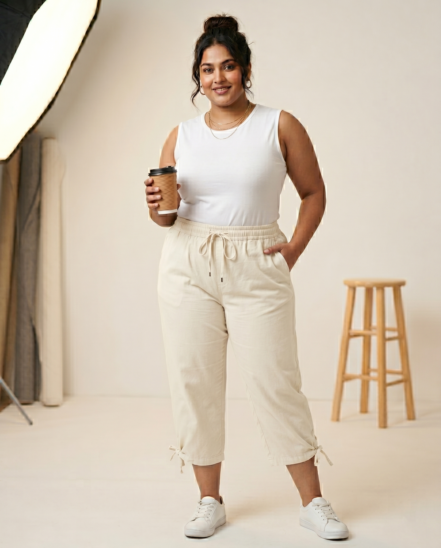 ✨ Pandabee Plus Size Premium 3/4 Pants for Women | Comfortable Elastic Waist Capri Pants with Pockets | Everyday Casual Wear | Sizes L to 12XL (Cream)